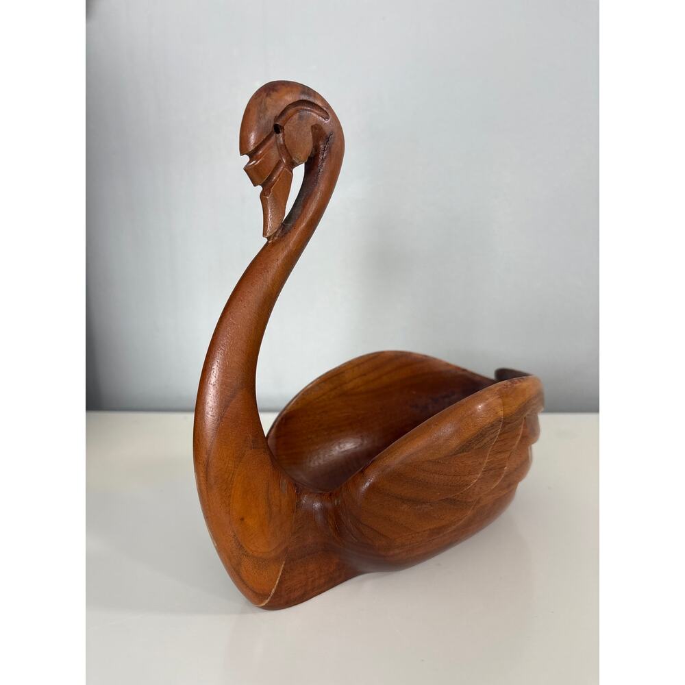 Vintage Wooden Wood Planter Basket Plant Holder Goose Swan Handmade Walnut 7"